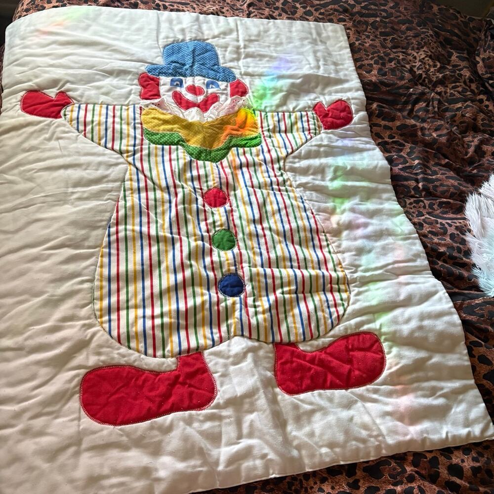 Vintage Clown Baby Quilt Blanket Handmade Applique Rainbow Striped Retro